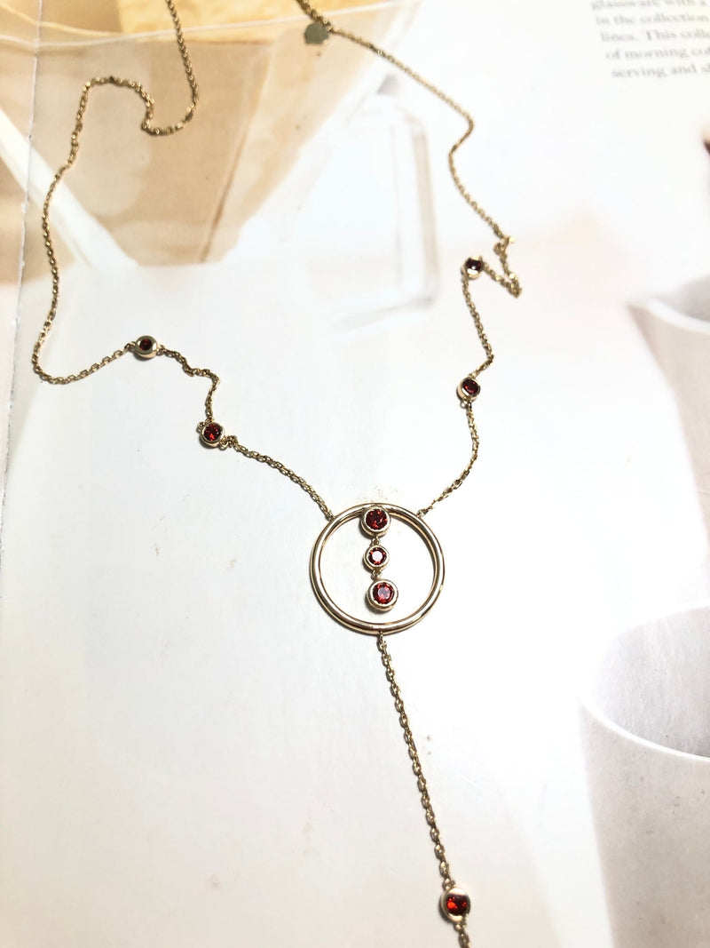 14K Gold Garnet Lariat Necklace