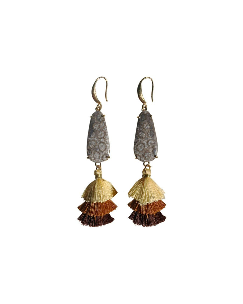 Warm Coral Fossil Tassel Earrings