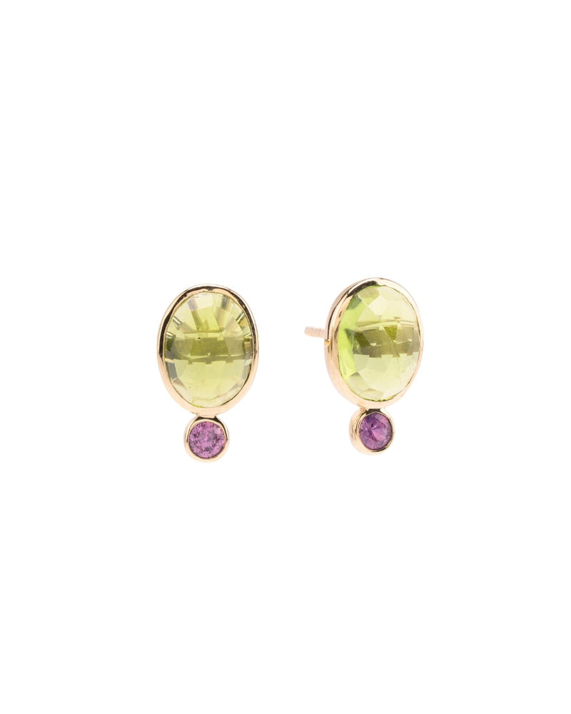 Peridot & Pink Sapphire Studs in 14K Gold