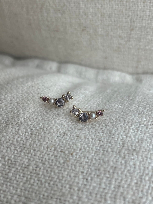 Dainty spinel and pearl climbers, 14K solid gold, minimal earrings, one of a kind, gift for her, mothers day gift, valentines day gift - Antonia Y. Jewelry