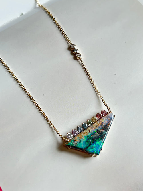 Australian rainbow boulder opal Necklace, Dainty gemstone necklace, Multicolor Sapphire Necklace, 14K Gold Necklace, gift for her - Antonia Y. Jewelry