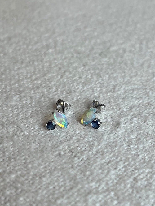 Australian opal and sapphire studs, 14K solid gold, minimal earrings, one of a kind, gift for her, mothers day gift, valentines day gift - Antonia Y. Jewelry