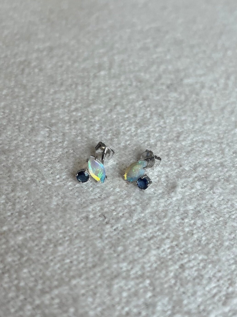 Australian opal and sapphire studs, 14K solid gold, minimal earrings, one of a kind, gift for her, mothers day gift, valentines day gift - Antonia Y. Jewelry