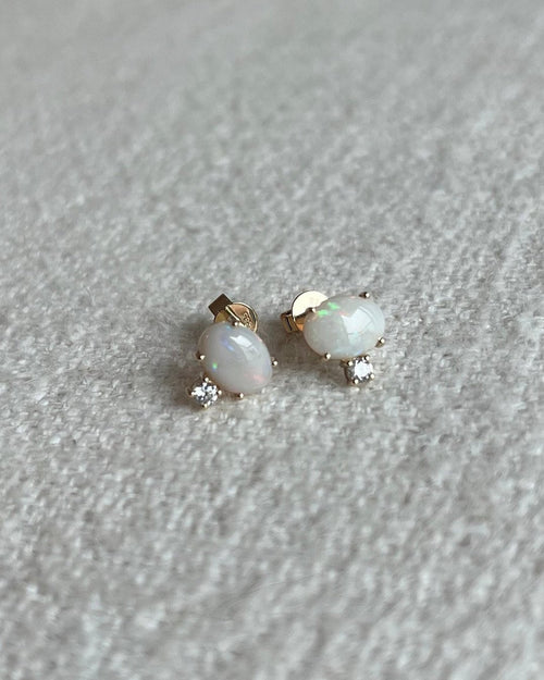 Australian opal and zirconia studs, 14K solid gold, minimal earrings, one of a kind, gift for her, mothers day gift, valentines day gift - Antonia Y. Jewelry