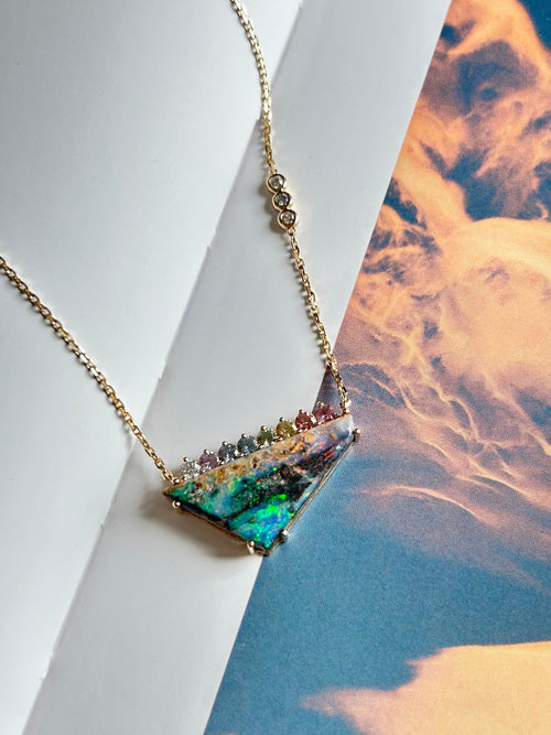 Australian rainbow boulder opal Necklace, Dainty gemstone necklace, Multicolor Sapphire Necklace, 14K Gold Necklace, gift for her - Antonia Y. Jewelry